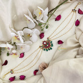 Vriksham Half Moon Style Floral Kundan Jadau Sheeshphool-Red Green-Green Bead-J2782